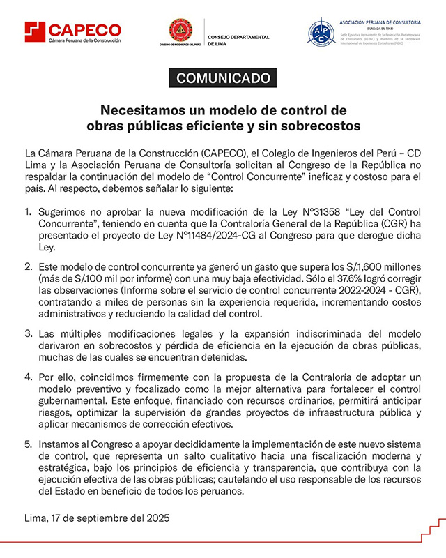 Comunicado APC - 17/09/25 sobre la necesidad de un modelo de control de obras públicas eficiente y sin sobrecostos